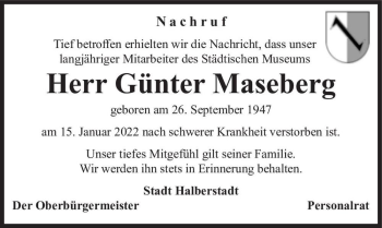Traueranzeige von Günter Maseberg  von Magdeburger Volksstimme