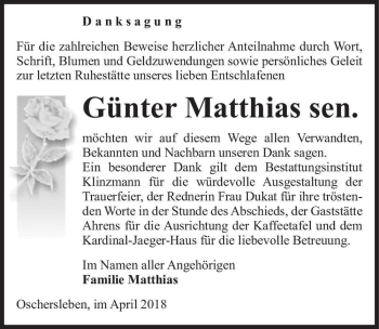 Traueranzeige von Günter Matthias sen.  von Magdeburger Volksstimme
