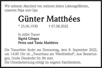 Traueranzeige von Günter Matthées  von Magdeburger Volksstimme