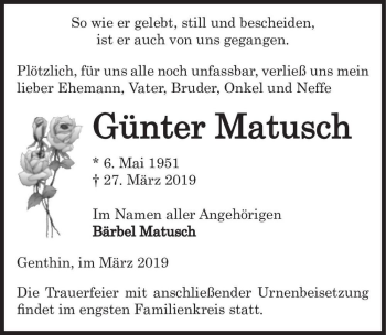Traueranzeige von Günter Matusch  von Magdeburger Volksstimme