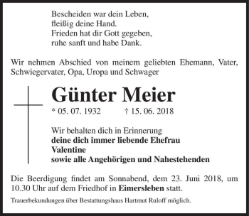 Traueranzeige von Günter Meier  von Magdeburger Volksstimme