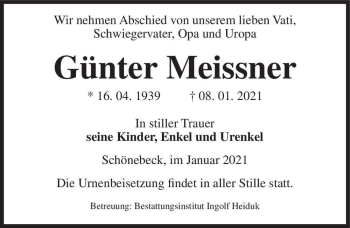 Traueranzeige von Günter Meissner  von Magdeburger Volksstimme