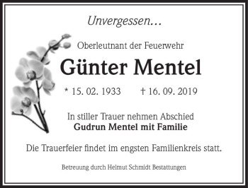 Traueranzeige von Günter Mentel  von Magdeburger Volksstimme