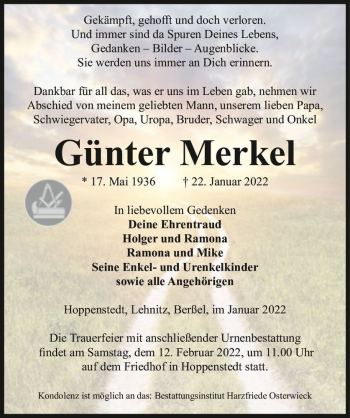 Traueranzeige von Günter Merkel  von Magdeburger Volksstimme