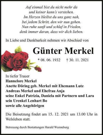 Traueranzeige von Günter Merkel  von Magdeburger Volksstimme