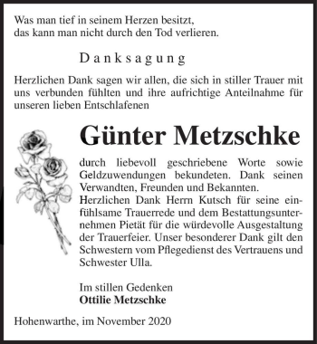 Traueranzeige von Günter Metzschke  von Magdeburger Volksstimme