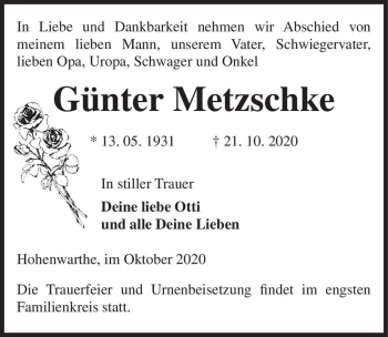 Traueranzeige von Günter Metzschke  von Magdeburger Volksstimme