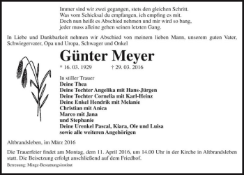 Traueranzeige von Günter Meyer  von Magdeburger Volksstimme
