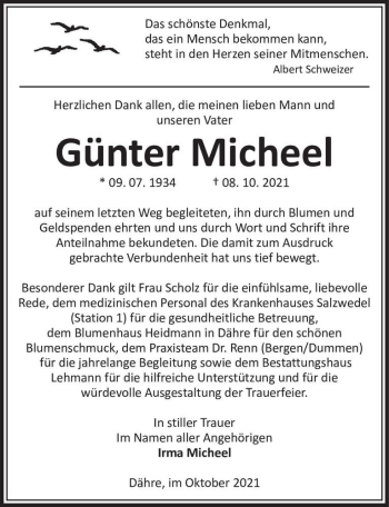 Traueranzeige von Günter Micheel  von Magdeburger Volksstimme