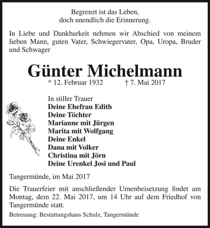  Traueranzeige für Günter Michelmann  vom 13.05.2017 aus Magdeburger Volksstimme