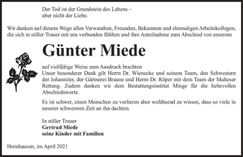 Traueranzeige von Günter Miede  von Magdeburger Volksstimme