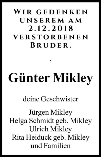 Traueranzeige von Günter Mikley  von Magdeburger Volksstimme