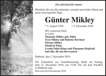 Traueranzeige von Günter Mikley  von Magdeburger Volksstimme