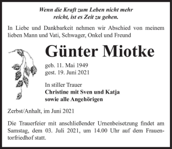 Traueranzeige von Günter Miotke  von Magdeburger Volksstimme
