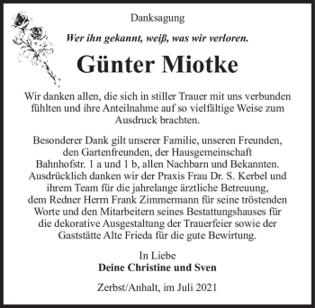 Traueranzeige von Günter Miotke  von Magdeburger Volksstimme