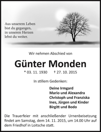 Traueranzeige von Günter Monden  von Magdeburger Volksstimme
