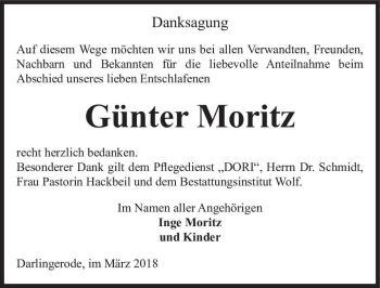 Traueranzeige von Günter Moritz  von Magdeburger Volksstimme