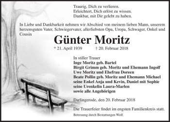 Traueranzeige von Günter Moritz  von Magdeburger Volksstimme