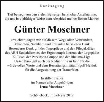 Traueranzeige von Günter Moschner  von Magdeburger Volksstimme