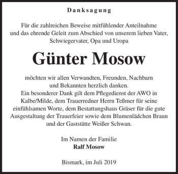 Traueranzeige von Günter Mosow  von Magdeburger Volksstimme