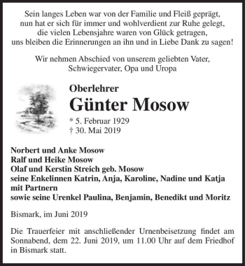 Traueranzeige von Günter Mosow  von Magdeburger Volksstimme