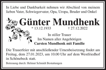 Traueranzeige von Günter Mundhenk  von Magdeburger Volksstimme