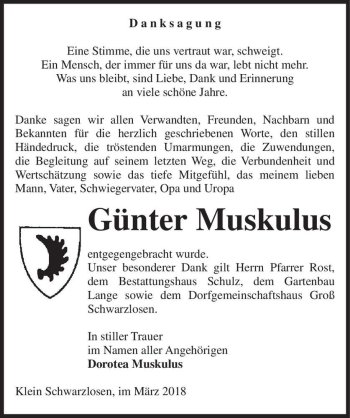 Traueranzeige von Günter Muskulus  von Magdeburger Volksstimme