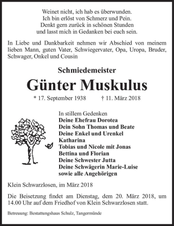 Traueranzeige von Günter Muskulus  von Magdeburger Volksstimme