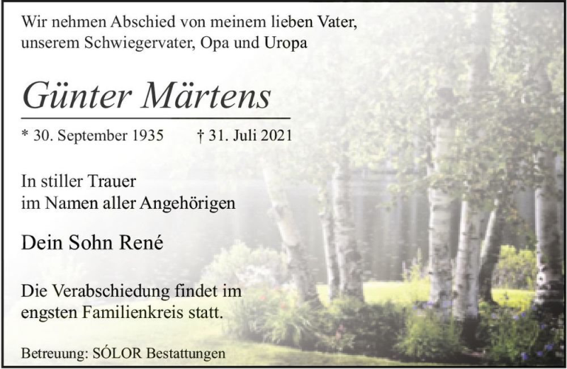 Traueranzeige für Günter Märtens  vom 14.08.2021 aus Magdeburger Volksstimme