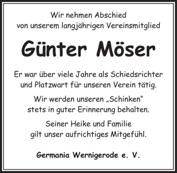 Traueranzeige von Günter Möser  von Magdeburger Volksstimme
