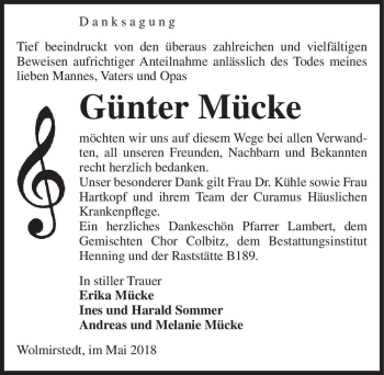 Traueranzeige von Günter Mücke  von Magdeburger Volksstimme