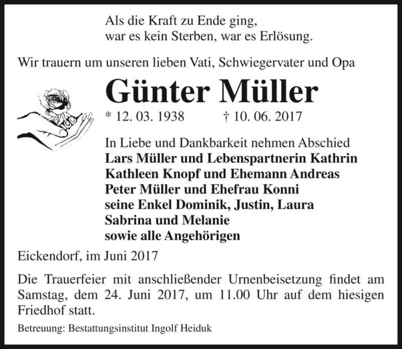  Traueranzeige für Günter Müller  vom 17.06.2017 aus Magdeburger Volksstimme