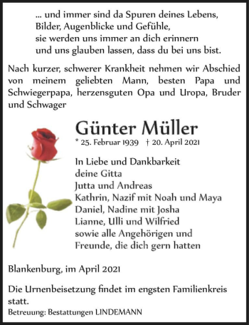 Traueranzeige von Günter Müller  von Magdeburger Volksstimme
