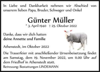 Traueranzeige von Günter Müller  von Magdeburger Volksstimme