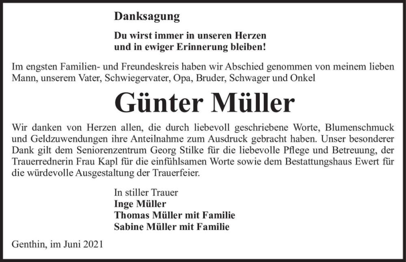  Traueranzeige für Günter Müller  vom 05.06.2021 aus Magdeburger Volksstimme