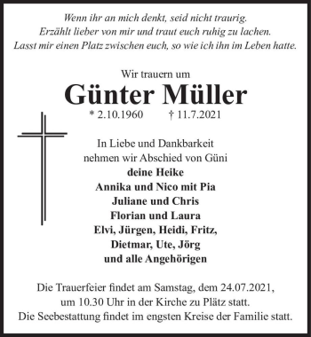 Traueranzeige von Günter Müller  von Magdeburger Volksstimme