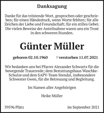 Traueranzeige von Günter Müller  von Magdeburger Volksstimme