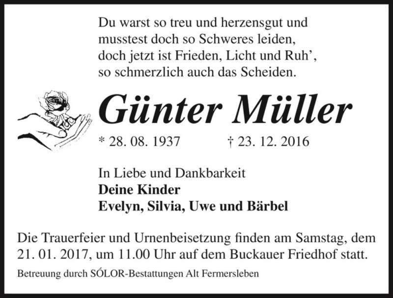  Traueranzeige für Günter Müller  vom 14.01.2017 aus Magdeburger Volksstimme