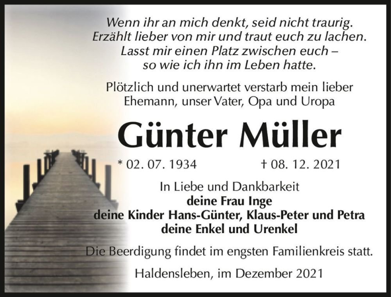  Traueranzeige für Günter Müller  vom 18.12.2021 aus Magdeburger Volksstimme