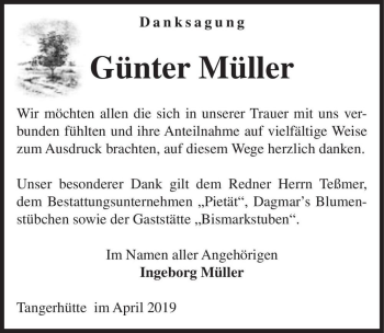 Traueranzeige von Günter Müller  von Magdeburger Volksstimme