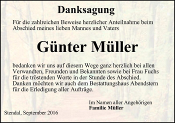 Traueranzeige von Günter Müller  von Magdeburger Volksstimme