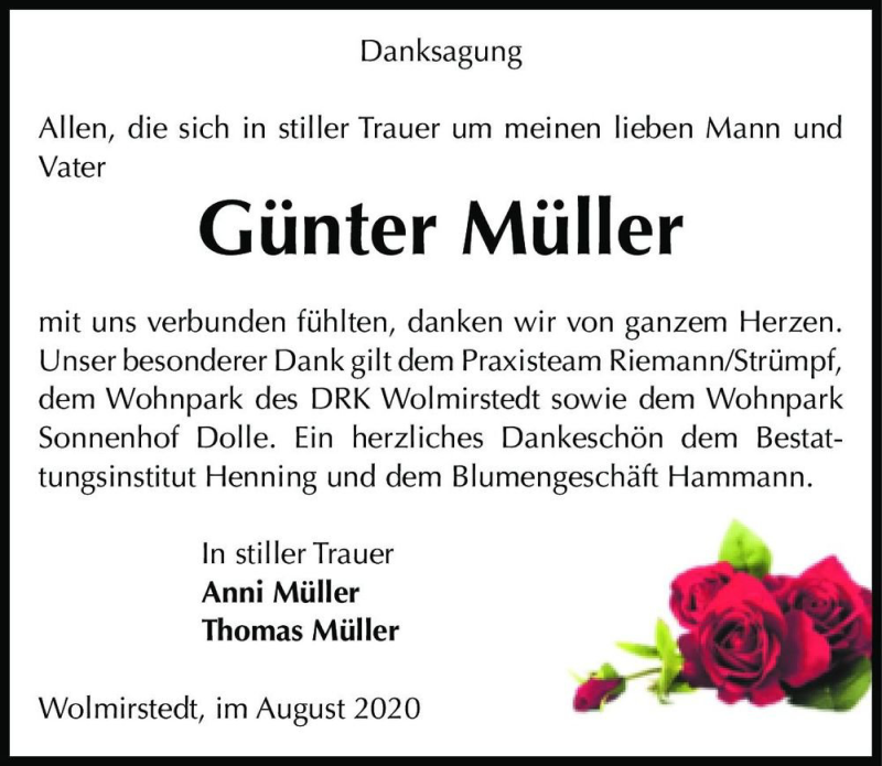  Traueranzeige für Günter Müller  vom 29.08.2020 aus Magdeburger Volksstimme