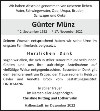 Traueranzeige von Günter Münz  von Magdeburger Volksstimme