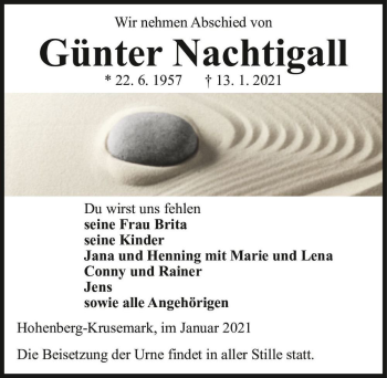 Traueranzeige von Günter Nachtigall  von Magdeburger Volksstimme