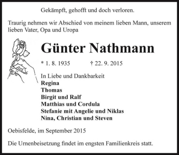 Traueranzeige von Günter Nathmann  von Magdeburger Volksstimme