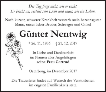 Traueranzeige von Günter Nentwig  von Magdeburger Volksstimme