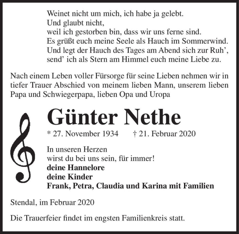  Traueranzeige für Günter Nethe  vom 29.02.2020 aus Magdeburger Volksstimme