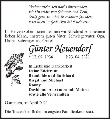 Traueranzeige von Günter Neuendorf  von Magdeburger Volksstimme