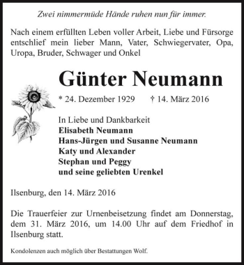 Traueranzeige von Günter Neumann  von Magdeburger Volksstimme