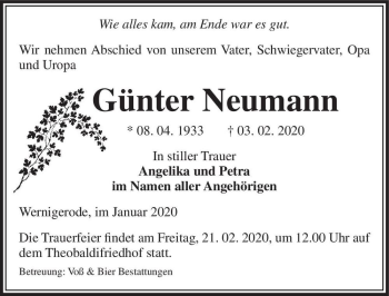 Traueranzeige von Günter Neumann  von Magdeburger Volksstimme